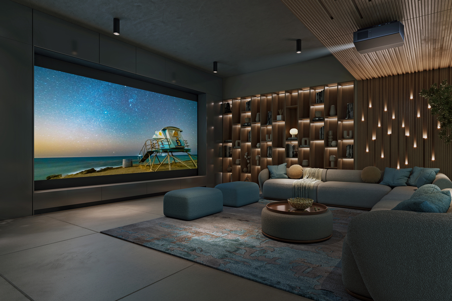 Sony projector and large projection screen in a custom home theater room.