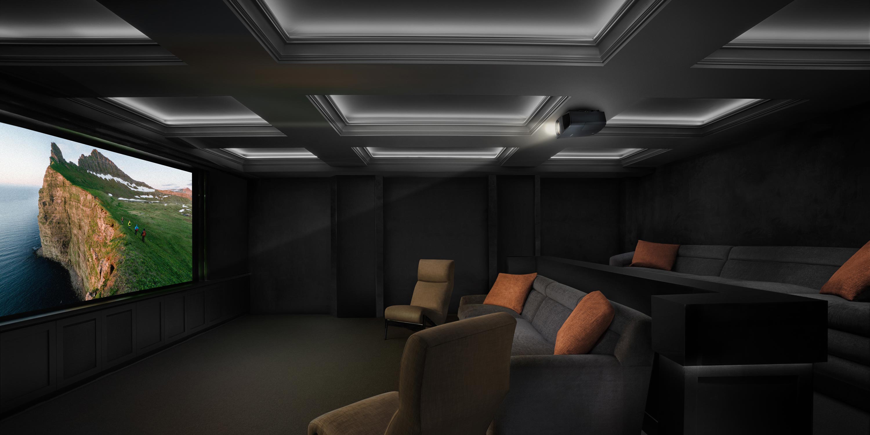 dark theater room with projector aimed at screen