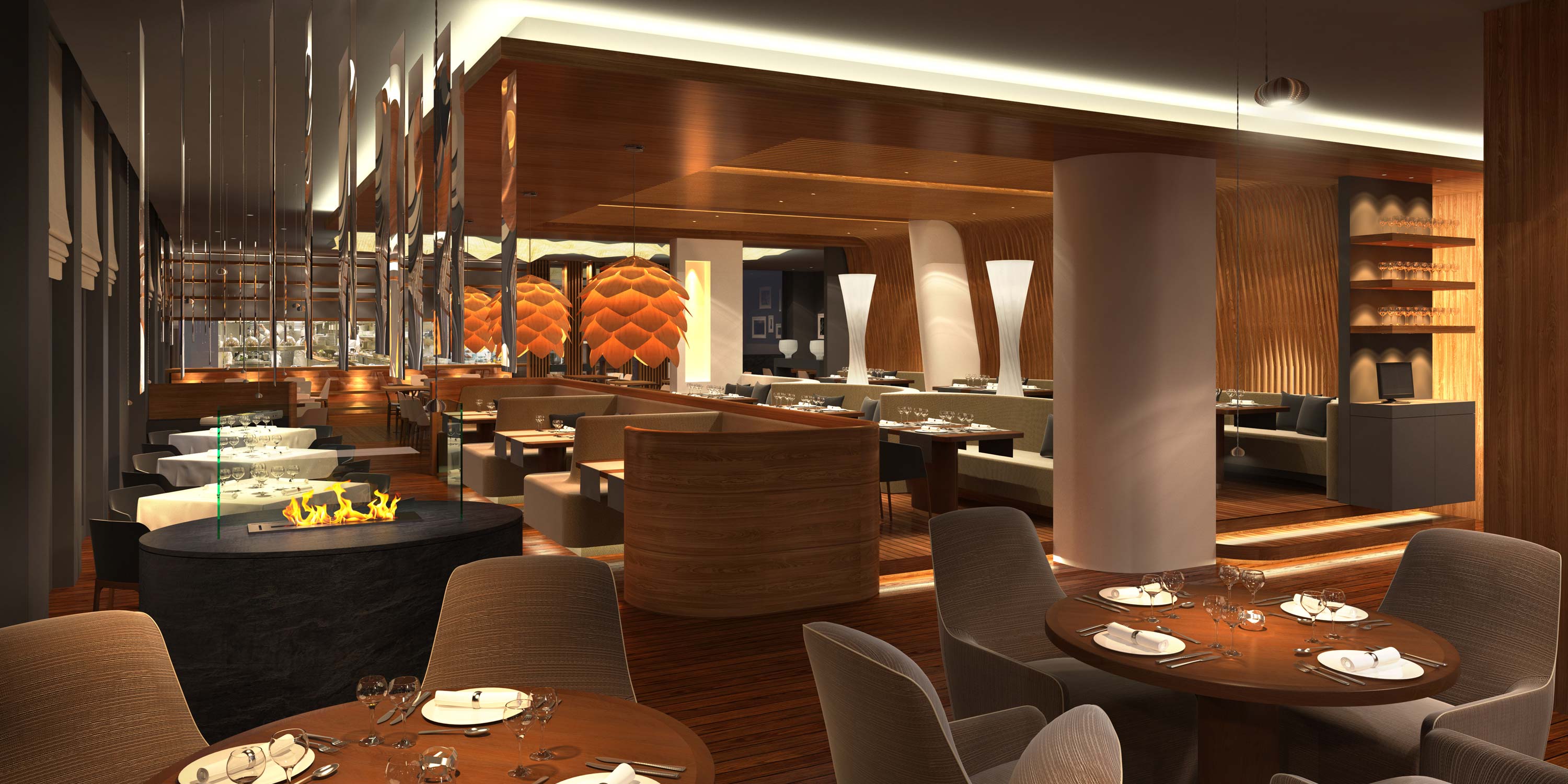 orange toned restaurant with LED lighting