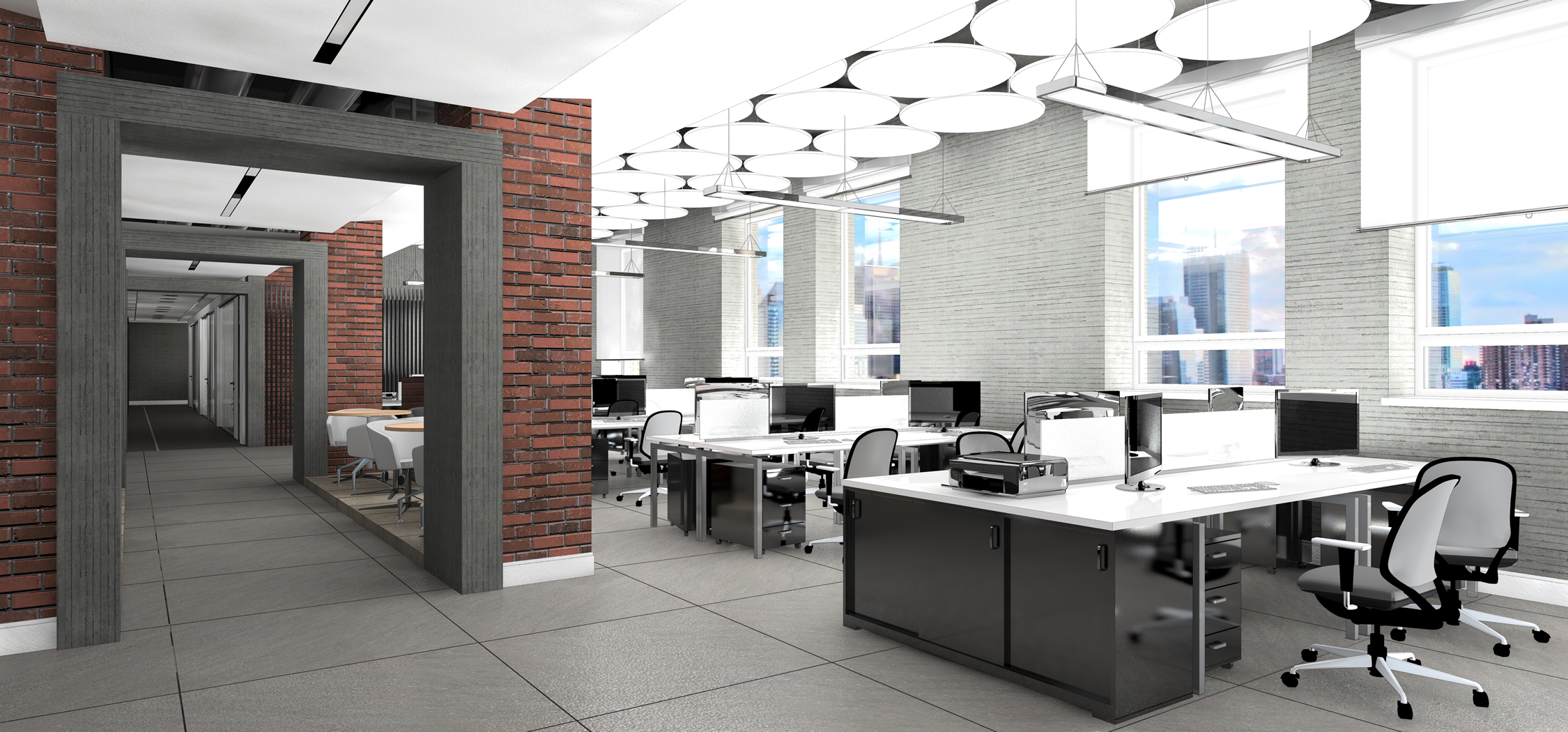 office space with red bricks and white accents