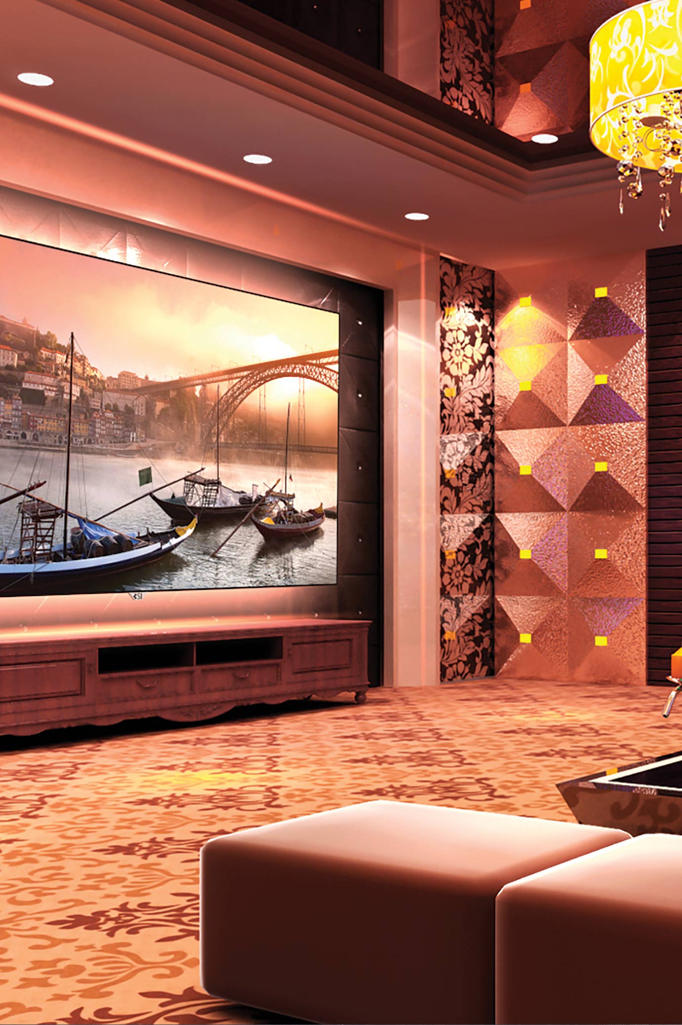 Acoustical Treatments on the walls in a red-toned theater