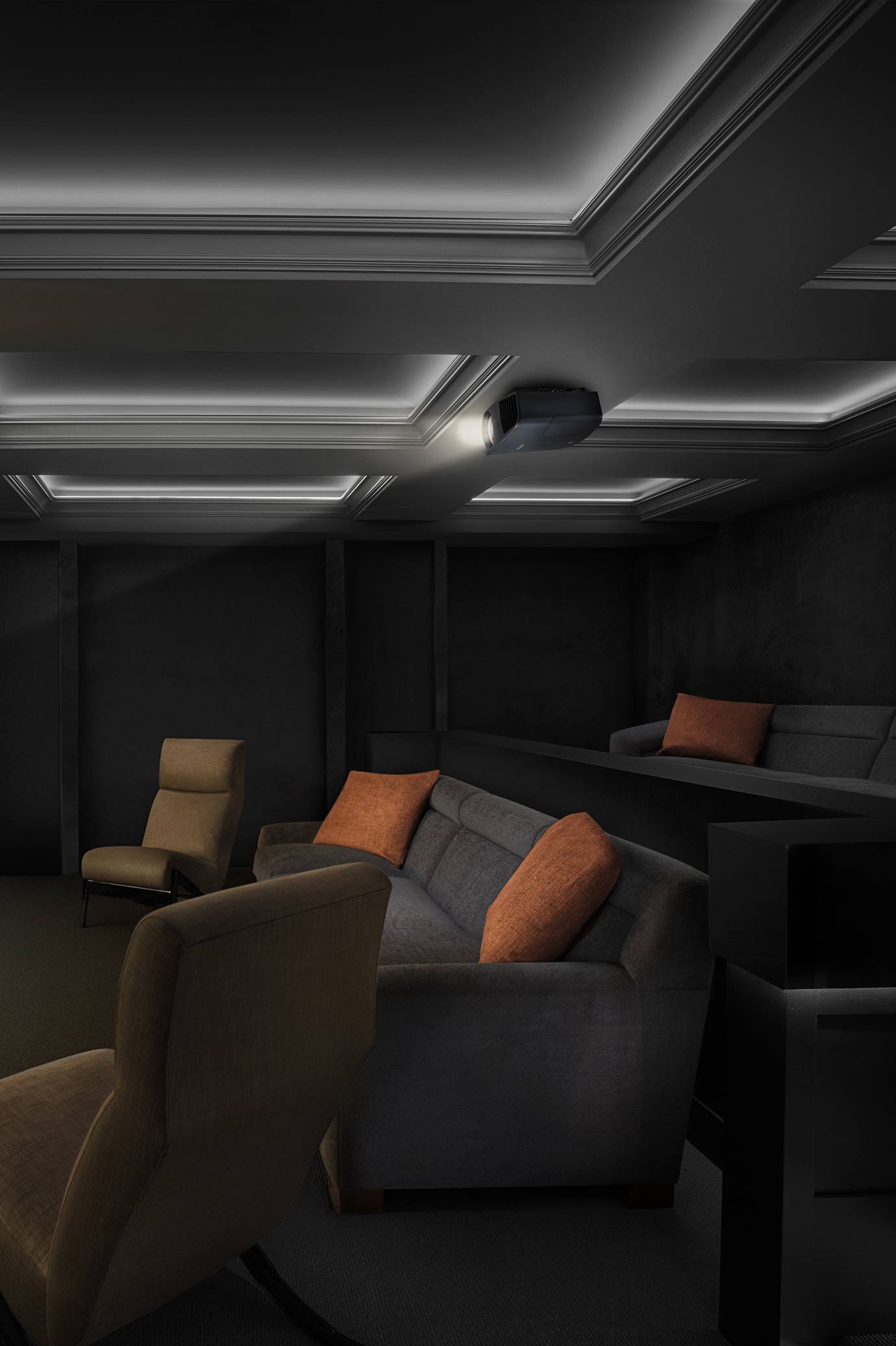 Sony home theater with LED lighting in the ceiling and a projector