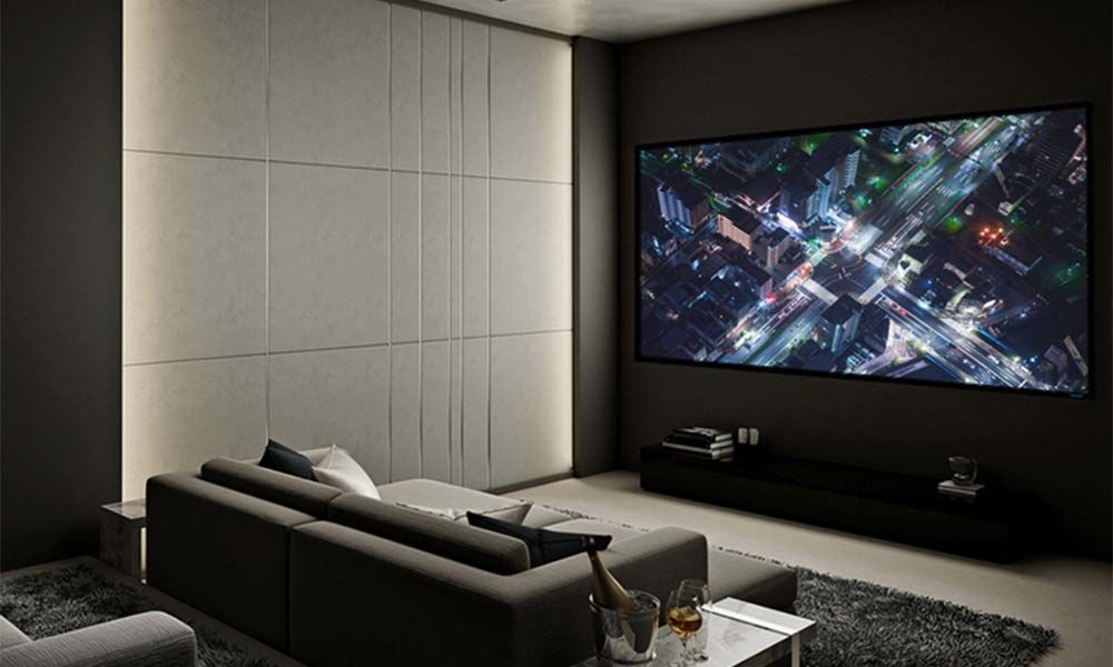 Stewart Filmscreen Corporation home theater with white walls and LED lighting