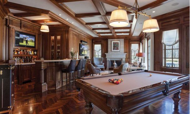 Crestron technology in a wooden bar room