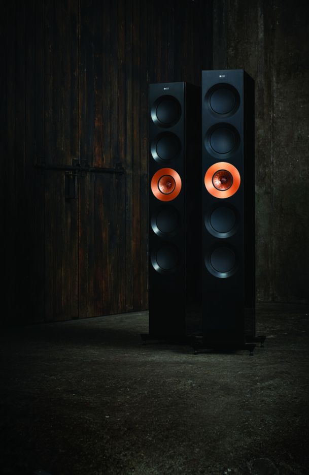 Black kef speakers with copper rings