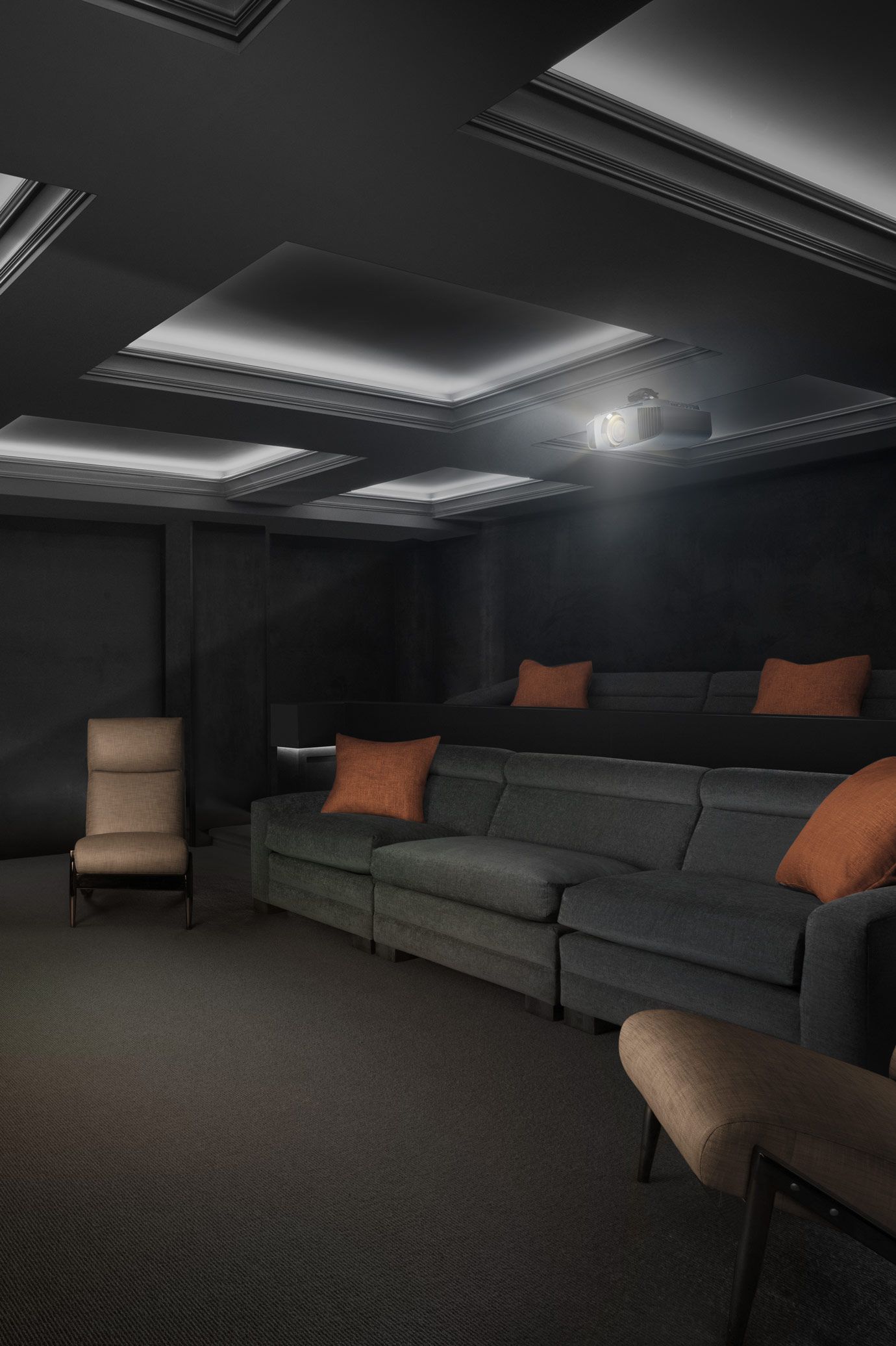 Custom Seating with Sony Technology and orange pillows